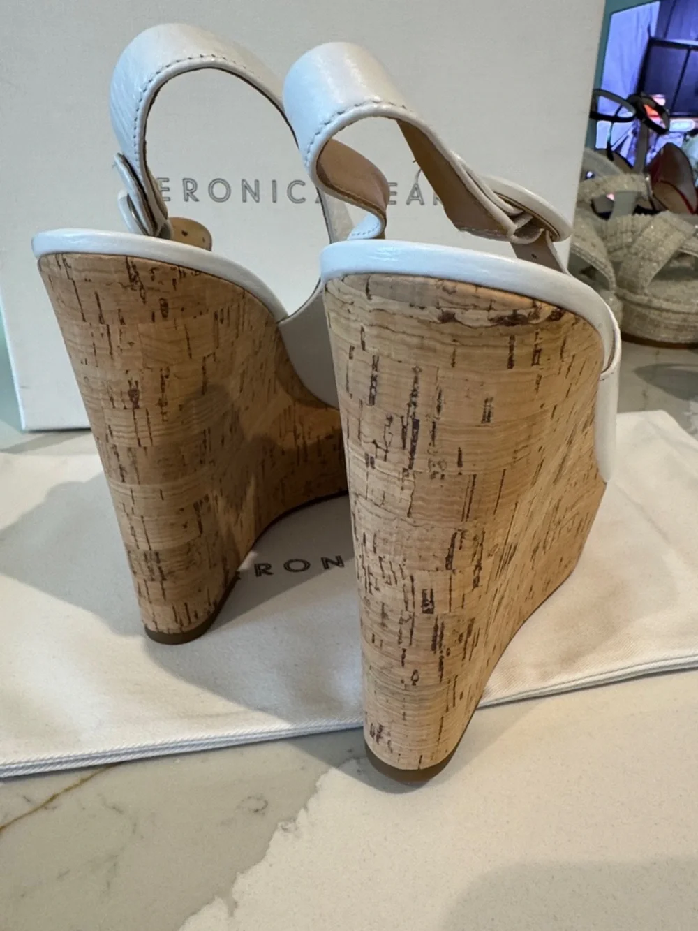 Veronica Beard White Leather Cork Wedge Slingback Peep Toe 10